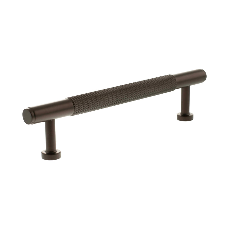 Atlantic Millhouse Brass Eiffel Knurled T-Bar Cabinet Pull Handle in a dark bronze finish, measuring 128mm long, featuring a knurled grip for improved handling and rounded end caps.
