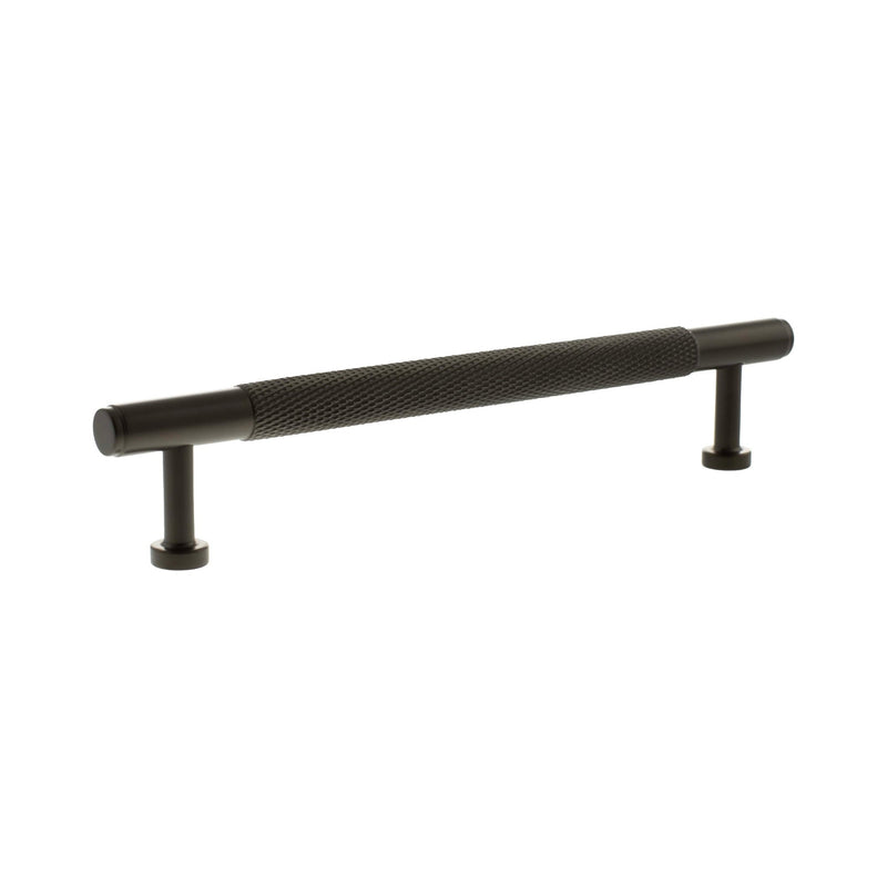 Atlantic Millhouse Brass Eiffel Knurled T-Bar Cabinet Pull Handle measuring 160mm, featuring a textured knurled grip, finished in a dark bronze color, with two cylindrical mounting posts for installation.