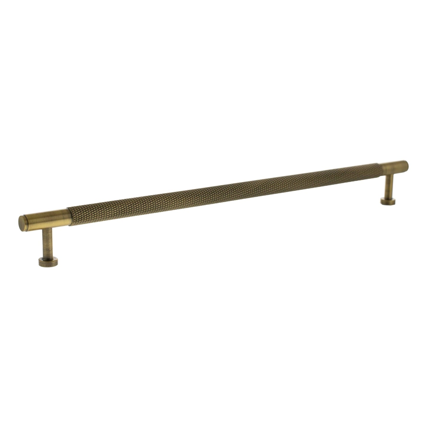 Atlantic Millhouse Brass Eiffel Knurled T-Bar Cabinet Pull Handle measuring 320mm, featuring a knurled texture for grip and a sleek brass finish, designed for cabinet installation.