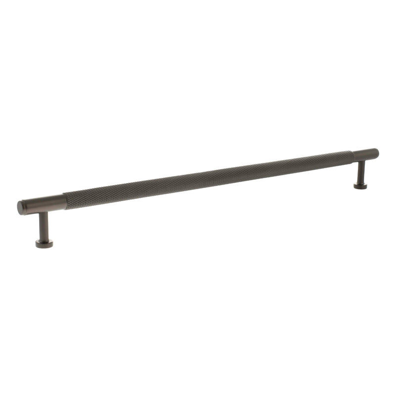 Atlantic Millhouse Brass Eiffel Knurled T-Bar Cabinet Pull Handle, 320mm in size, featuring a knurled texture for grip and two mounting posts on either end, made of durable brass material.