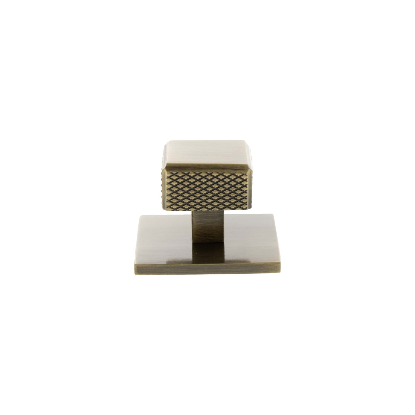 Atlantic Millhouse Brass Eiffel Knurled Square Cabinet Knob Handle on Backplate in a brushed brass finish, featuring a textured square knob mounted on a matching backplate, designed for cabinets or furniture.