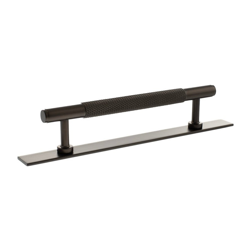Atlantic Millhouse Brass Eiffel Knurled T-Bar Cabinet Pull Handle on Backplate in a dark bronze finish, featuring a textured knurled handle and a rectangular backplate measuring 128mm in length.