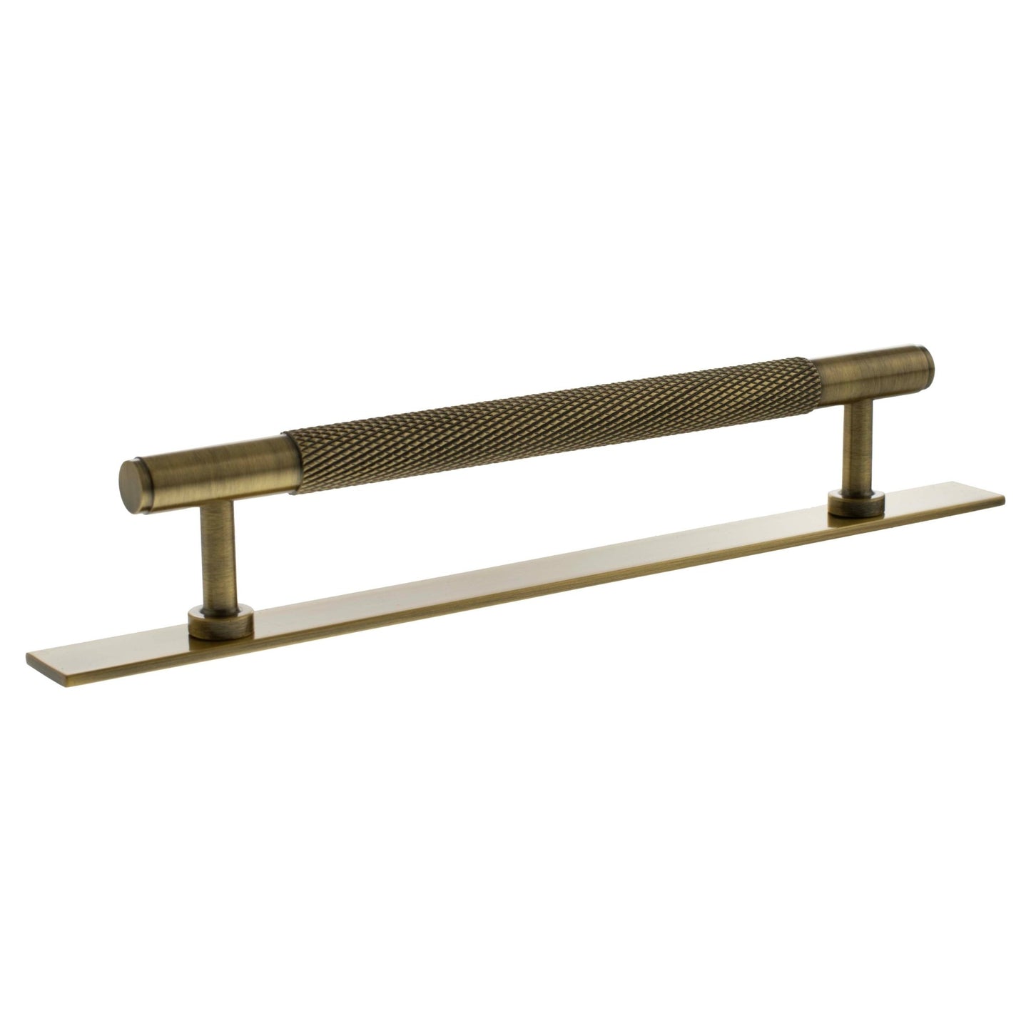 Atlantic Millhouse Brass Eiffel Knurled T-Bar Cabinet Pull Handle on Backplate 160mm featuring a knurled texture on a brass finish, mounted on a flat backplate, suitable for cabinetry or furniture.