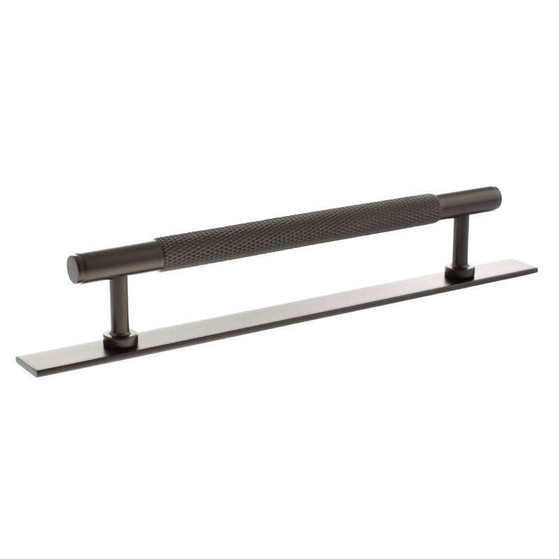 Atlantic Millhouse Brass Eiffel Knurled T-Bar Cabinet Pull Handle on Backplate, measuring 160mm, features a knurled grip and a sleek design, showcased in a brass finish with a backplate for easy installation.