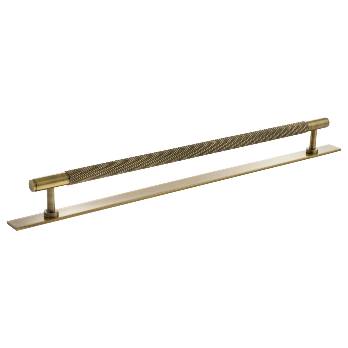 Atlantic Millhouse Brass Eiffel Knurled T-Bar Cabinet Pull Handle on Backplate measuring 320mm, featuring a knurled grip and a sleek brass finish, mounted on a long rectangular backplate.