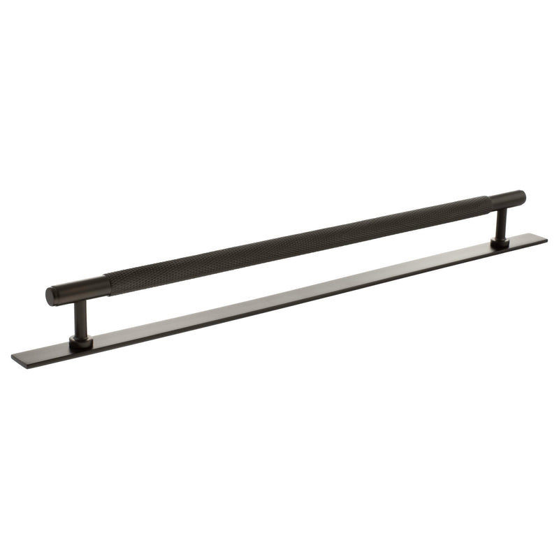 Atlantic Millhouse Brass Eiffel Knurled T-Bar Cabinet Pull Handle on Backplate, measuring 320mm, featuring a textured knurled grip and a sleek rectangular backplate in a satin brass finish.