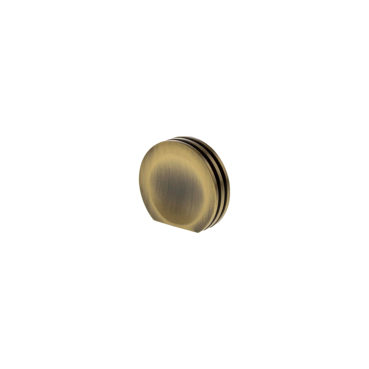 Atlantic Millhouse Brass Battersea Linear Finger Pull Cabinet Knob Handle in a brushed brass finish, featuring a circular design with three horizontal grooves for grip.
