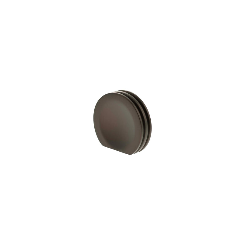 Atlantic Millhouse Brass Battersea Linear Finger Pull Cabinet Knob Handle in a brushed brass finish, featuring a circular design with a smooth surface and linear grooves for grip.