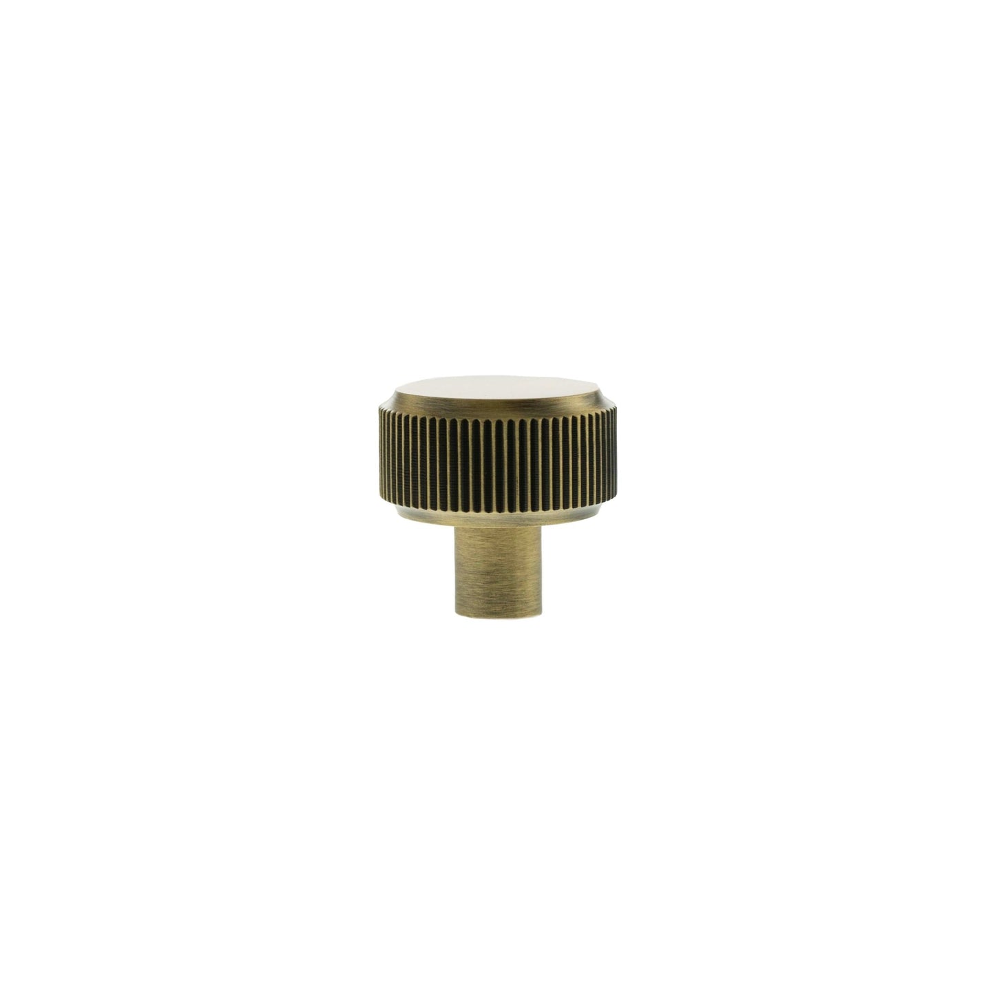 Atlantic Millhouse Brass Battersea Linear Round Cabinet Knob Handle featuring a ribbed design and a smooth round top in a brass finish, designed for cabinets and drawers.