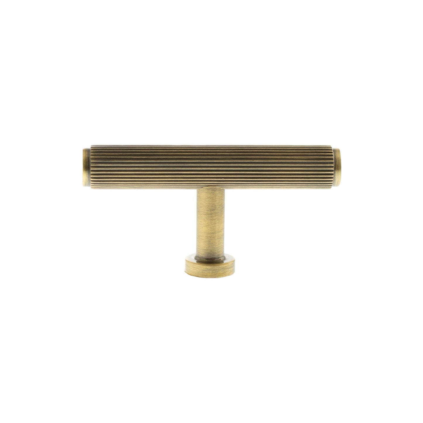 Atlantic Millhouse Brass Battersea Linear T-Bar Cabinet Knob Handle, featuring a textured cylindrical design with a brushed brass finish and a T-bar shape for easy grip.