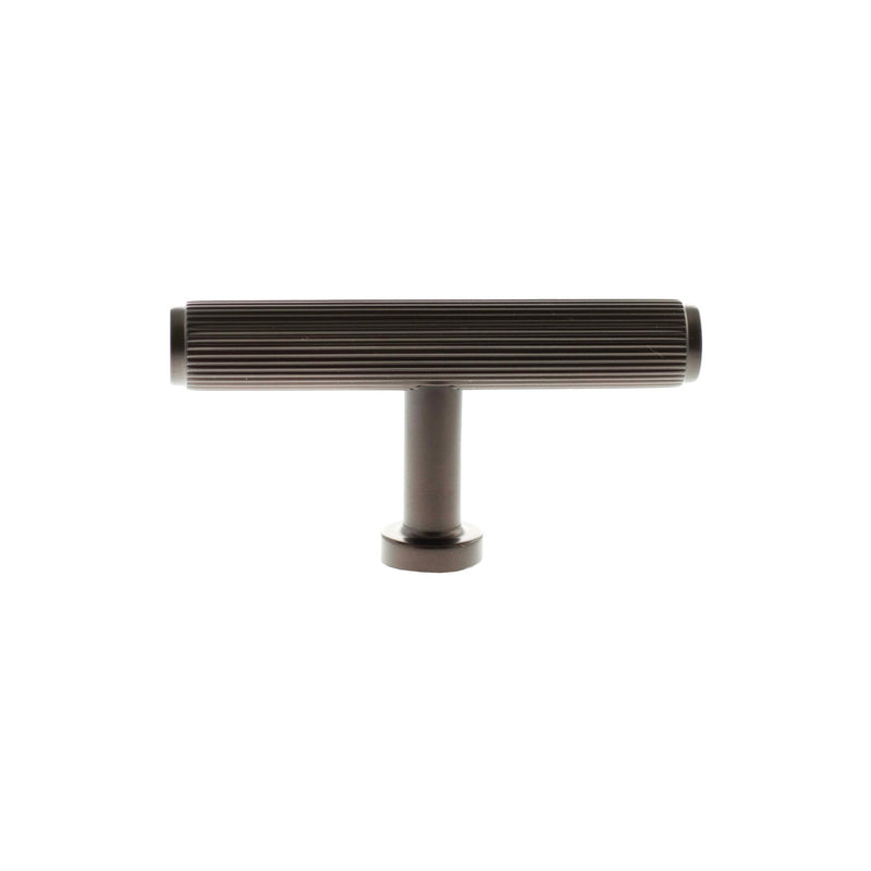 Atlantic Millhouse Brass Battersea Linear T-Bar Cabinet Knob Handle in a polished brass finish, featuring ribbed detailing and a T-shaped design for easy grip.
