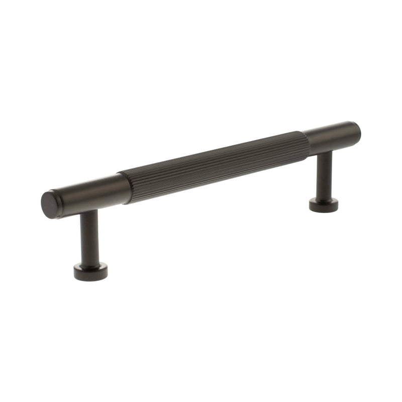 Atlantic Millhouse Brass Battersea Linear T-Bar Cabinet Pull Handle, measuring 128mm, features a ribbed grip design and is finished in a matte black color, made of durable brass material.