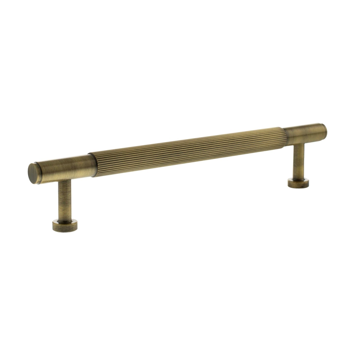 Atlantic Millhouse Brass Battersea Linear T-Bar Cabinet Pull Handle measuring 160mm, featuring a ribbed design and angular ends, crafted from brass for durability.