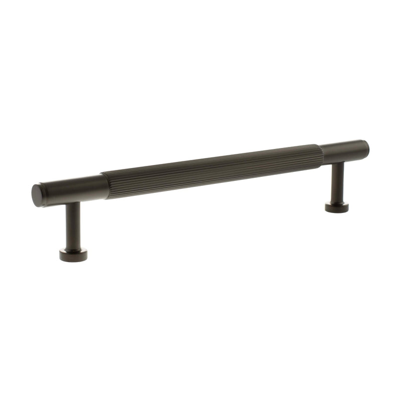 Atlantic Millhouse Brass Battersea Linear T-Bar Cabinet Pull Handle in a brass finish, measuring 160mm, featuring a sleek linear design with ribbed detailing and sturdy mounting posts.