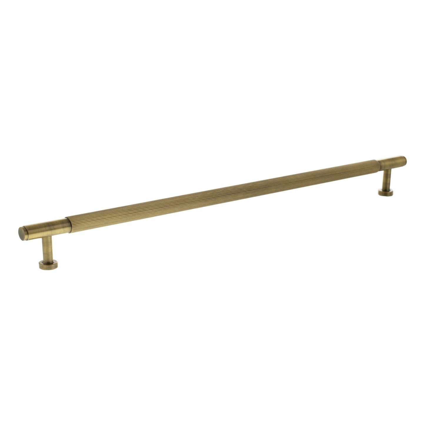 Atlantic Millhouse Brass Battersea Linear T-Bar Cabinet Pull Handle, measuring 320mm in length, featuring a sleek, straight design with a brushed brass finish and distinct ribbed texture on the handle.