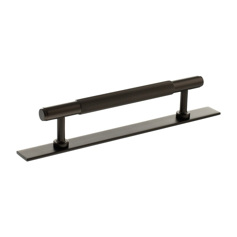Atlantic Millhouse Brass Battersea Linear T-Bar Cabinet Pull Handle on Backplate in a dark finish, measuring 128mm, featuring a ribbed grip and mounted on a rectangular backplate for secure installation.
