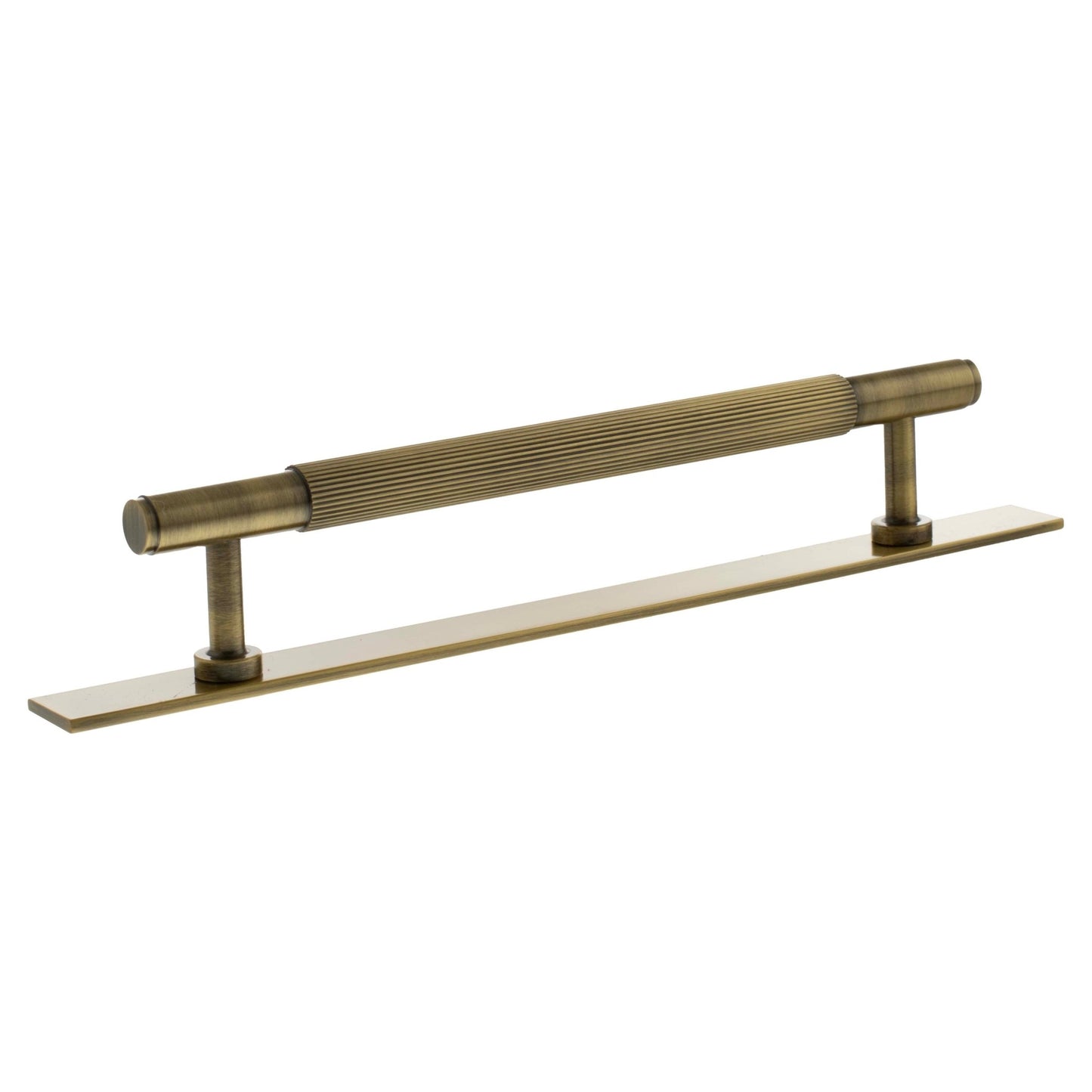 Atlantic Millhouse Brass Battersea Linear T-Bar Cabinet Pull Handle on Backplate, measuring 160mm, features a ribbed design on the pull and a flat backplate, all in a brushed brass finish.