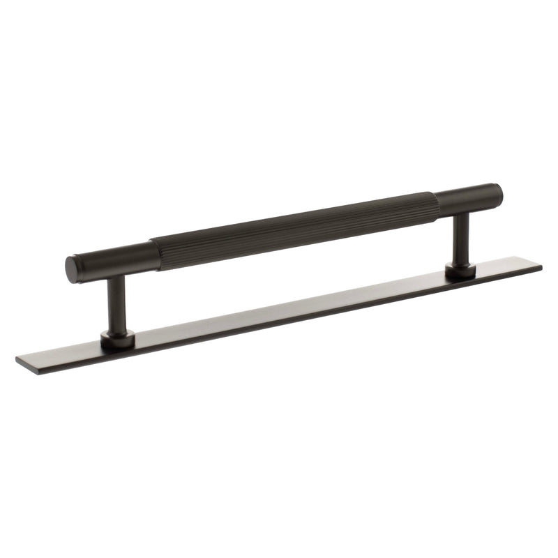 Atlantic Millhouse Brass Battersea Linear T-Bar Cabinet Pull Handle on Backplate, measuring 160mm, features a sleek design with a ribbed handle and flat backplate, finished in a dark metallic tone.