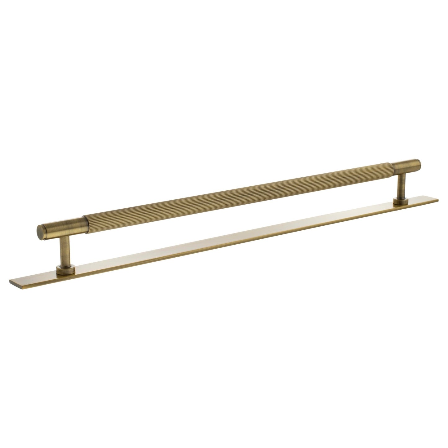 Atlantic Millhouse Brass Battersea Linear T-Bar Cabinet Pull Handle on Backplate, measuring 320mm in length, featuring a textured design and a metallic brass finish.