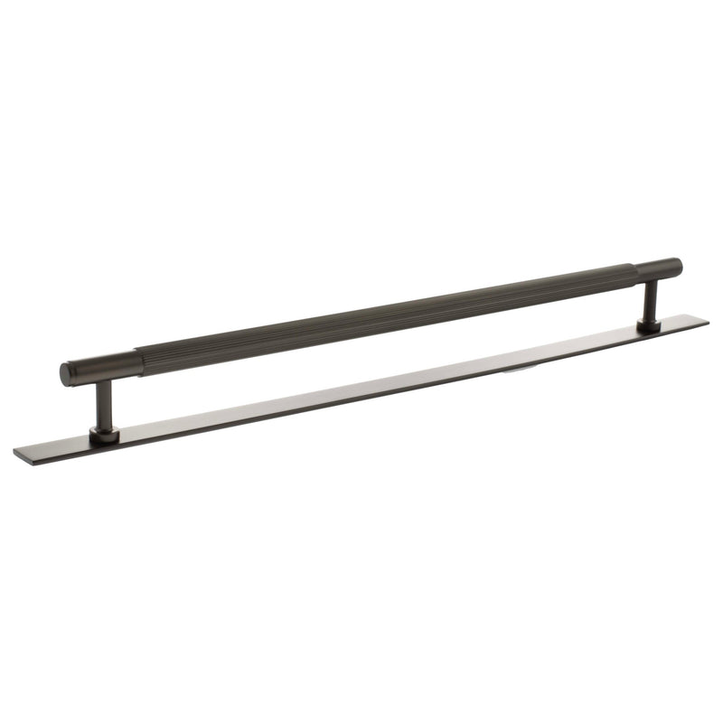 Atlantic Millhouse Brass Battersea Linear T-Bar Cabinet Pull Handle on Backplate, measuring 320mm in length, featuring a sleek design with a polished finish suitable for cabinets and drawers.