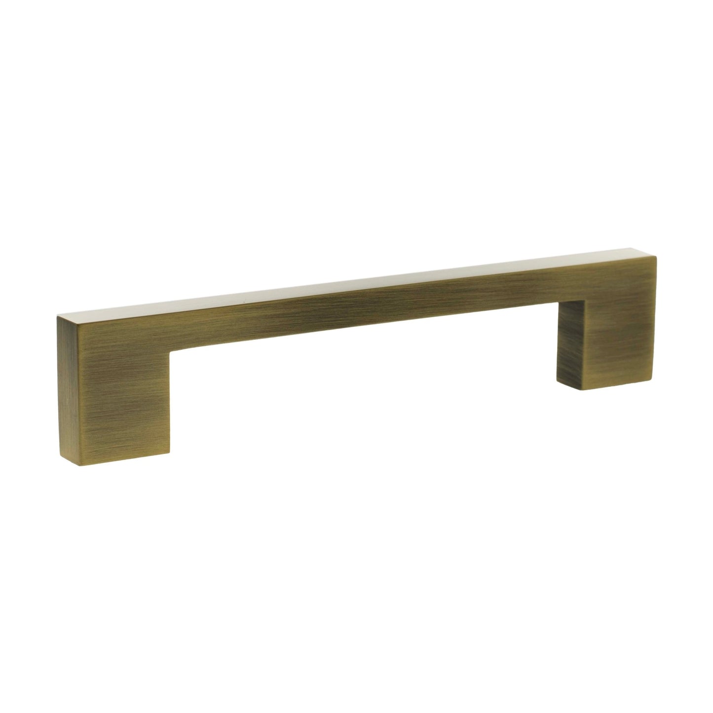 Atlantic Millhouse Brass Empire Slim Cabinet Pull Handle, measuring 128mm, with a brushed brass finish and a minimalist geometric design featuring angled ends.