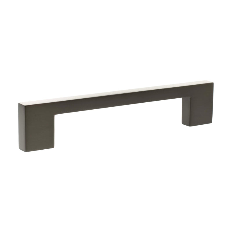 Atlantic Millhouse Brass Empire Slim Cabinet Pull Handle measuring 128mm in a dark finish, featuring a simple, rectangular design with square ends for grip.