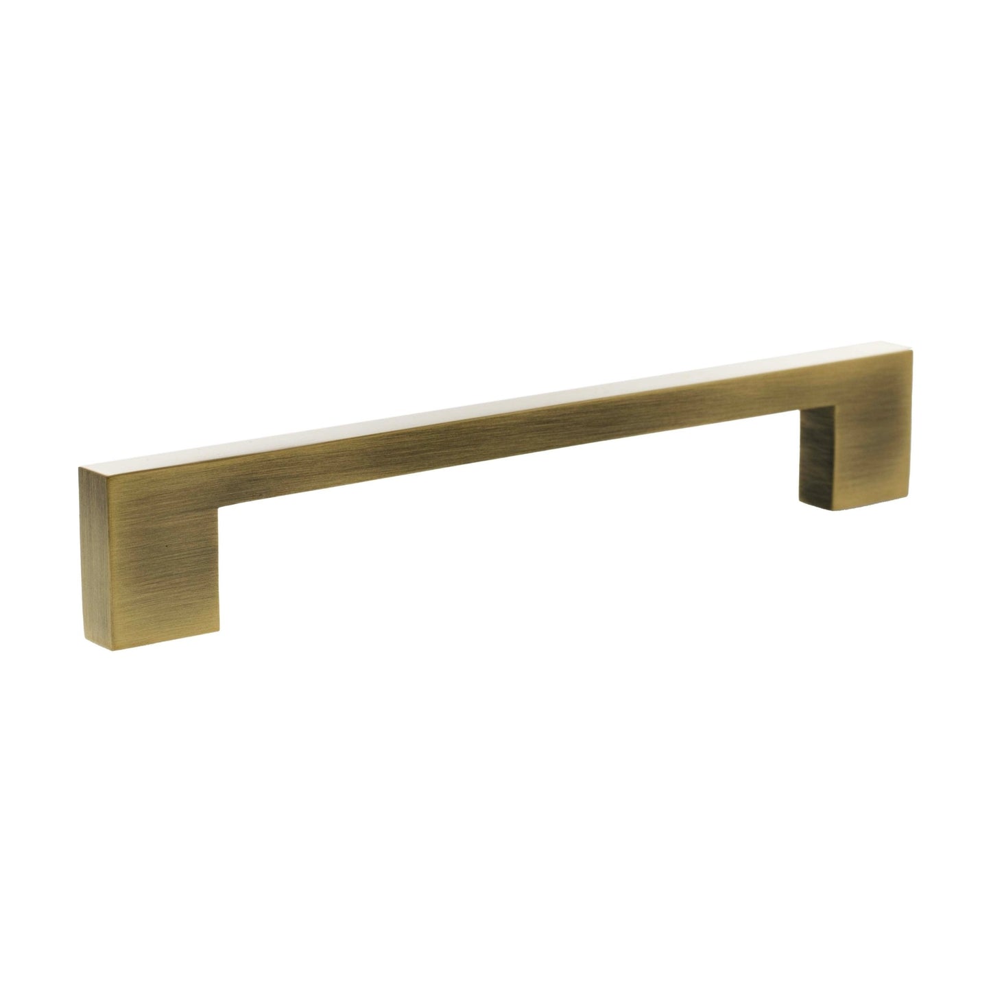 Atlantic Millhouse Brass Empire Slim Cabinet Pull Handle measuring 160mm in brushed brass finish, featuring a rectangular shape with squared ends for easy grip.