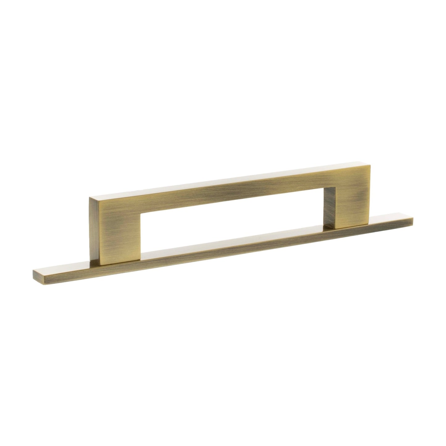 Atlantic Millhouse Brass Empire Slim Cabinet Pull Handle on Backplate, measuring 128mm, features a sleek rectangular design in a brushed brass finish, made of durable metal.