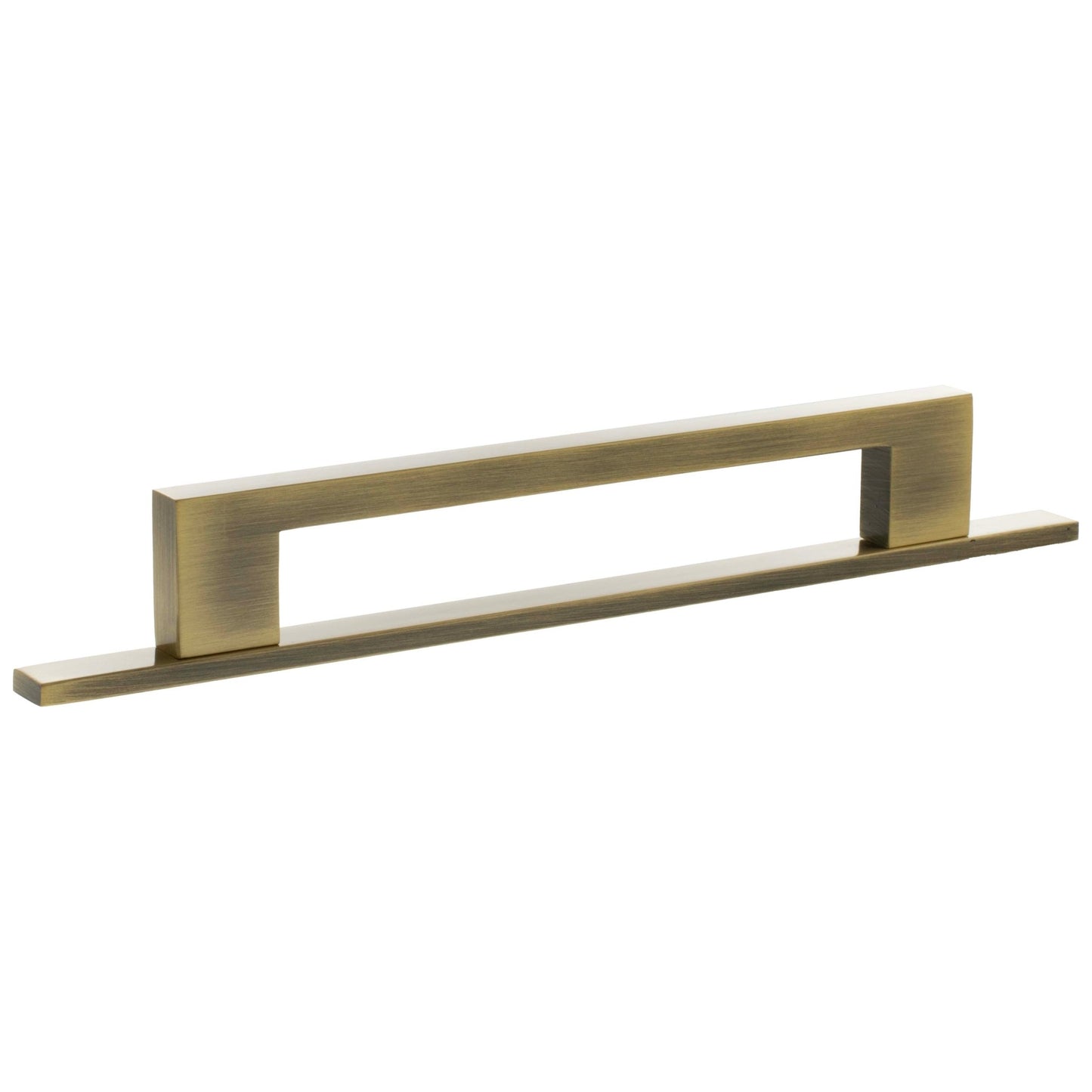 Atlantic Millhouse Brass Empire Slim Cabinet Pull Handle on Backplate, measuring 160mm, features a sleek rectangular design with a brushed brass finish, suitable for modern cabinetry.