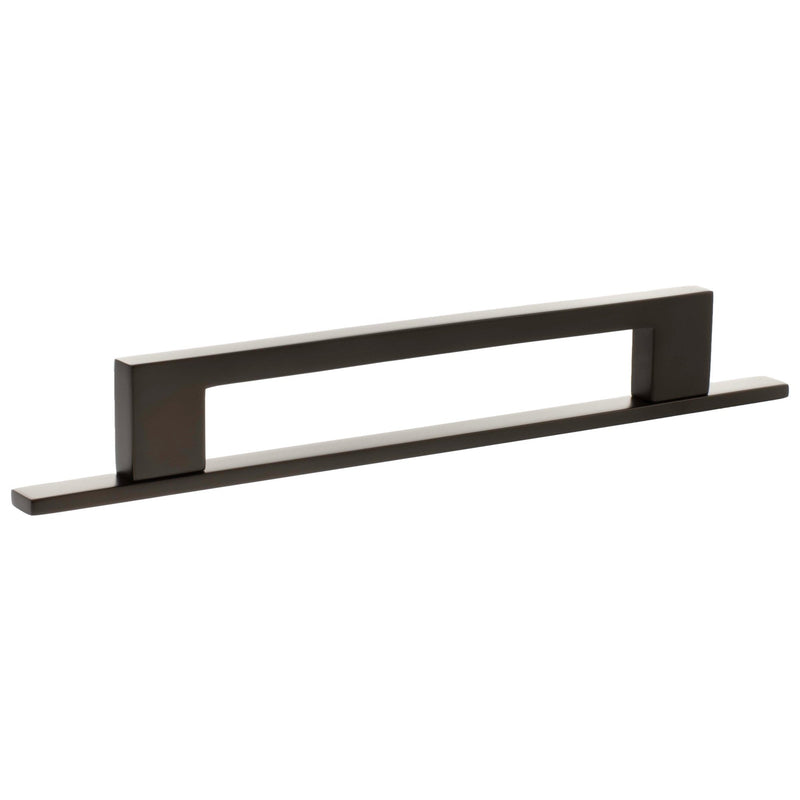 Atlantic Millhouse Brass Empire Slim Cabinet Pull Handle on Backplate, measuring 160mm, features a matte black finish with a minimalist rectangular design, suitable for enhancing cabinet doors.