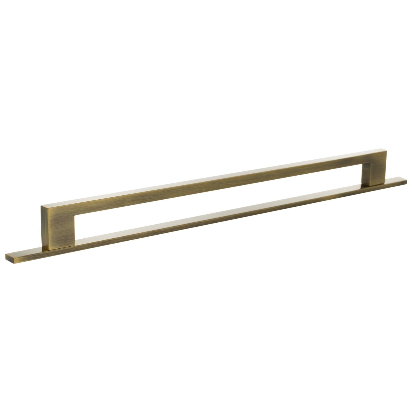 Atlantic Millhouse Brass Empire Slim Cabinet Pull Handle on Backplate, measuring 320mm, features a modern design with a brushed brass finish and a rectangular form, suitable for cabinet applications.