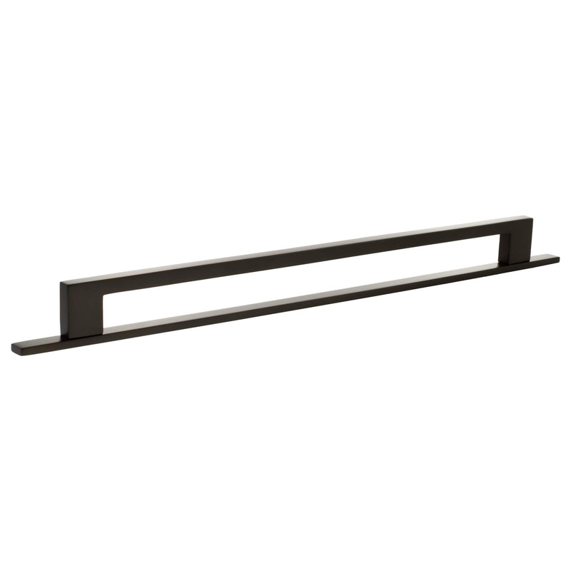 Atlantic Millhouse Brass Empire Slim Cabinet Pull Handle on Backplate, measuring 320mm in length, features a sleek rectangular design in a dark finish.