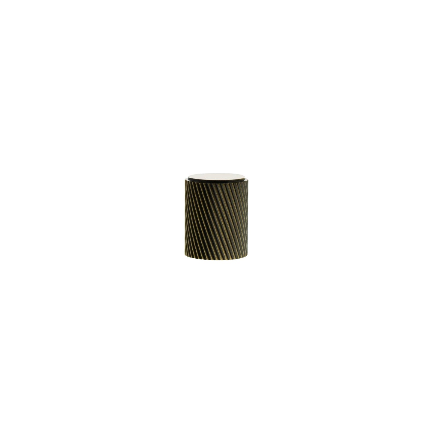 Atlantic Millhouse Brass Paddington Spiral Cylinder Cabinet Knob Handle in a cylindrical shape with a ribbed design, featuring a brass finish that highlights the grooves.