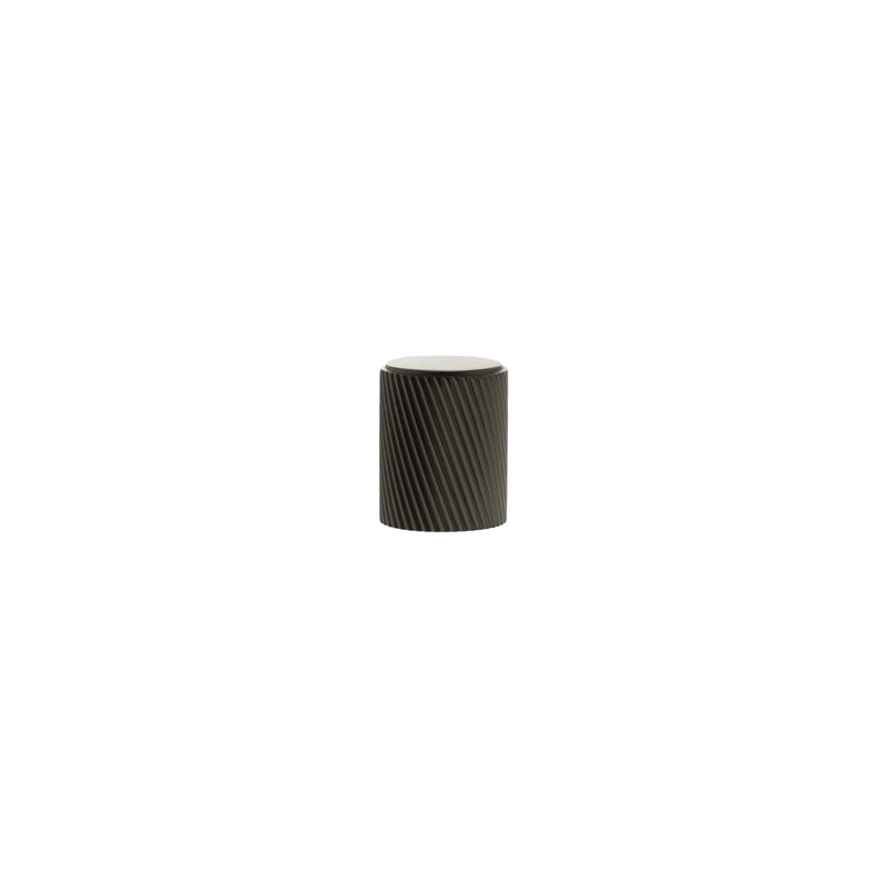 Atlantic Millhouse Brass Paddington Spiral Cylinder Cabinet Knob Handle in a dark finish, featuring a ribbed design and a cylindrical shape, suitable for cabinetry applications.