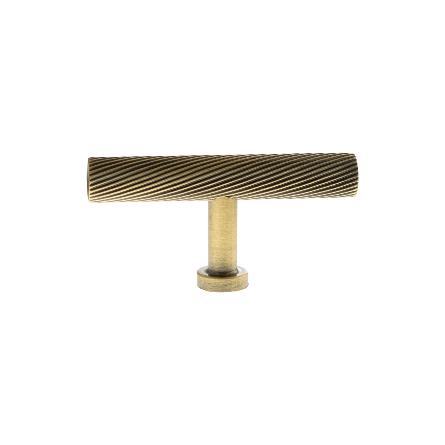 Atlantic Millhouse Brass Paddington Spiral T-Bar Cabinet Knob Handle in a brushed brass finish, featuring a textured spiral pattern on the handle and a flat base for easy installation.