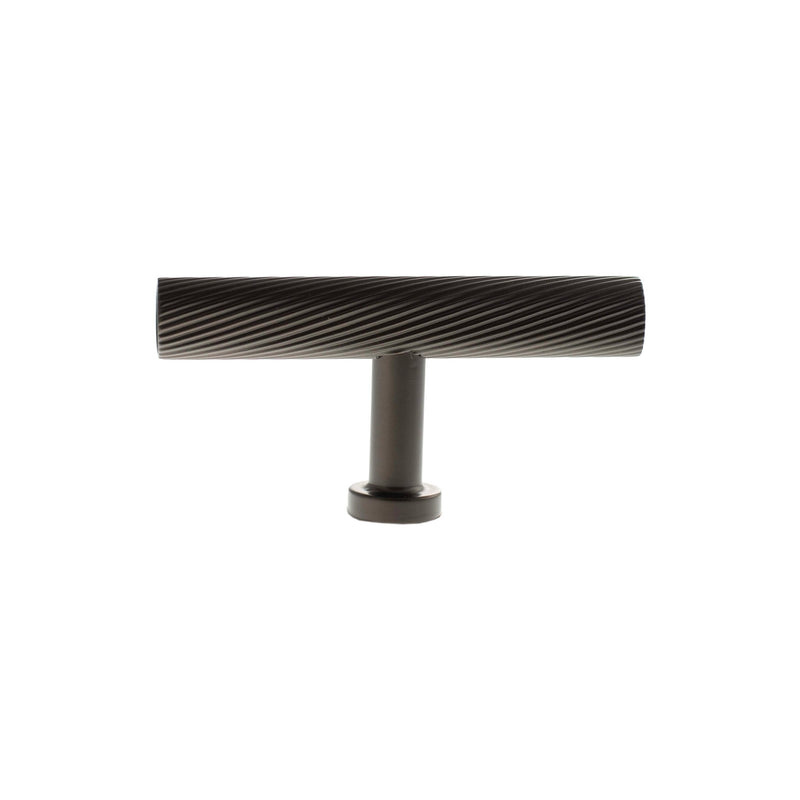 Atlantic Millhouse Brass Paddington Spiral T-Bar Cabinet Knob Handle featuring a matte bronze finish with a ribbed surface for grip, designed for cabinet doors or drawers.