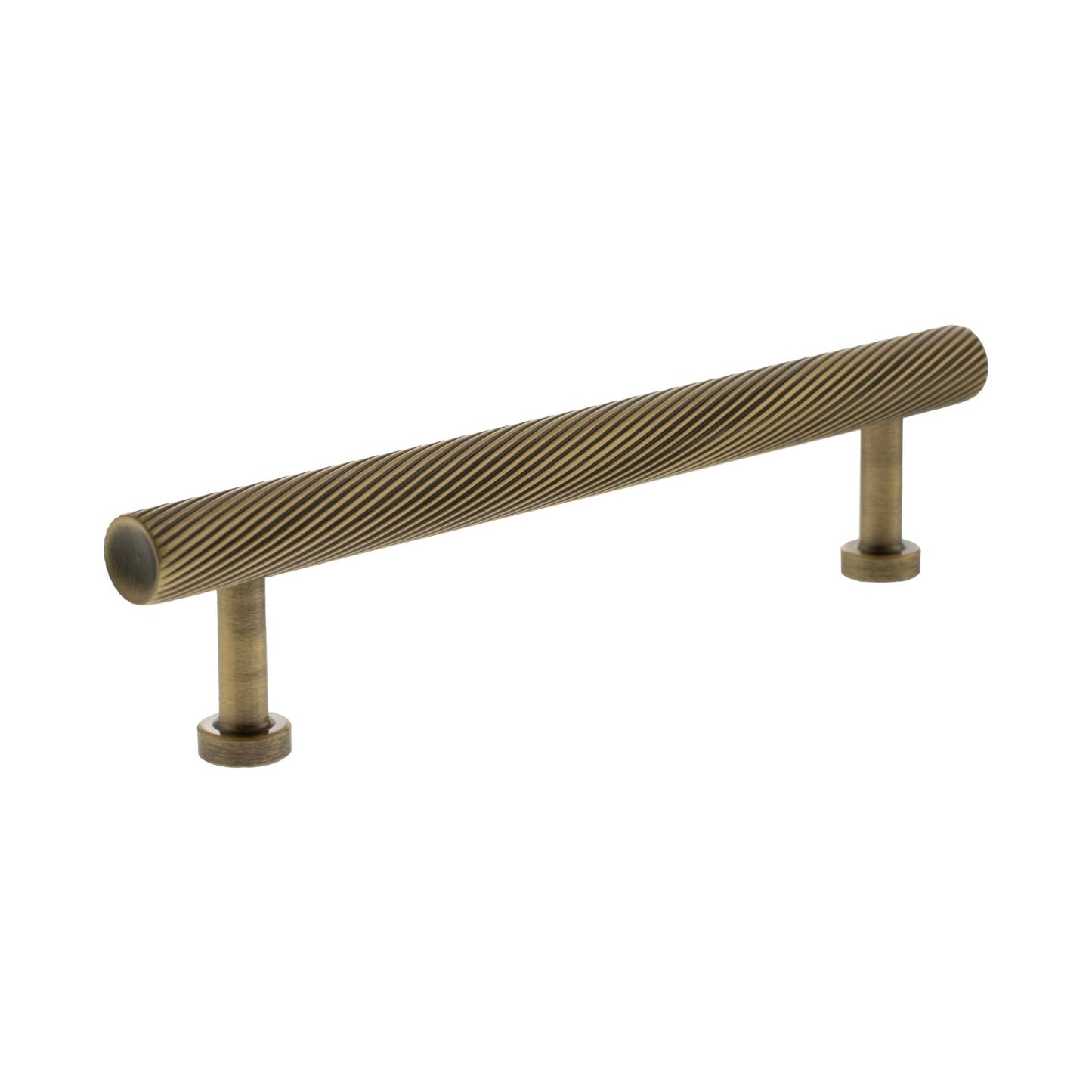 Atlantic Millhouse Brass Paddington Spiral T-Bar Cabinet Pull Handle measuring 128mm, featuring a ribbed texture on a cylindrical handle with two circular base mounts.