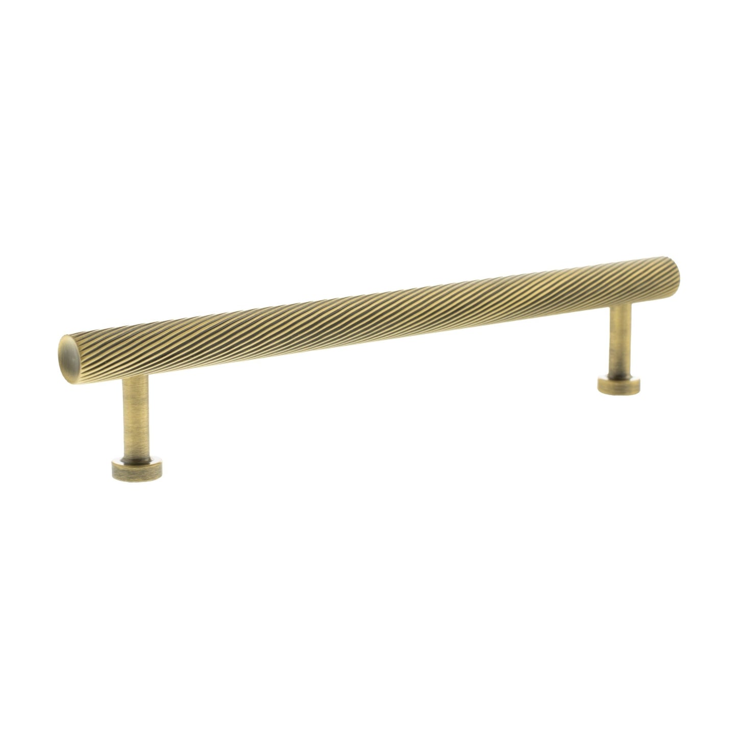 Atlantic Millhouse Brass Paddington Spiral T-Bar Cabinet Pull Handle measuring 160mm in length, featuring a ribbed design for grip, constructed from brass with a brushed finish.