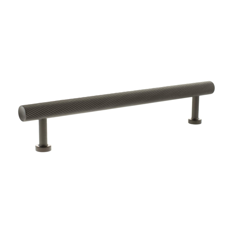 Atlantic Millhouse Brass Paddington Spiral T-Bar Cabinet Pull Handle, measuring 160mm in length, features a ribbed surface design and is made of brass, finished in a dark tone to enhance the look of cabinets or drawers.