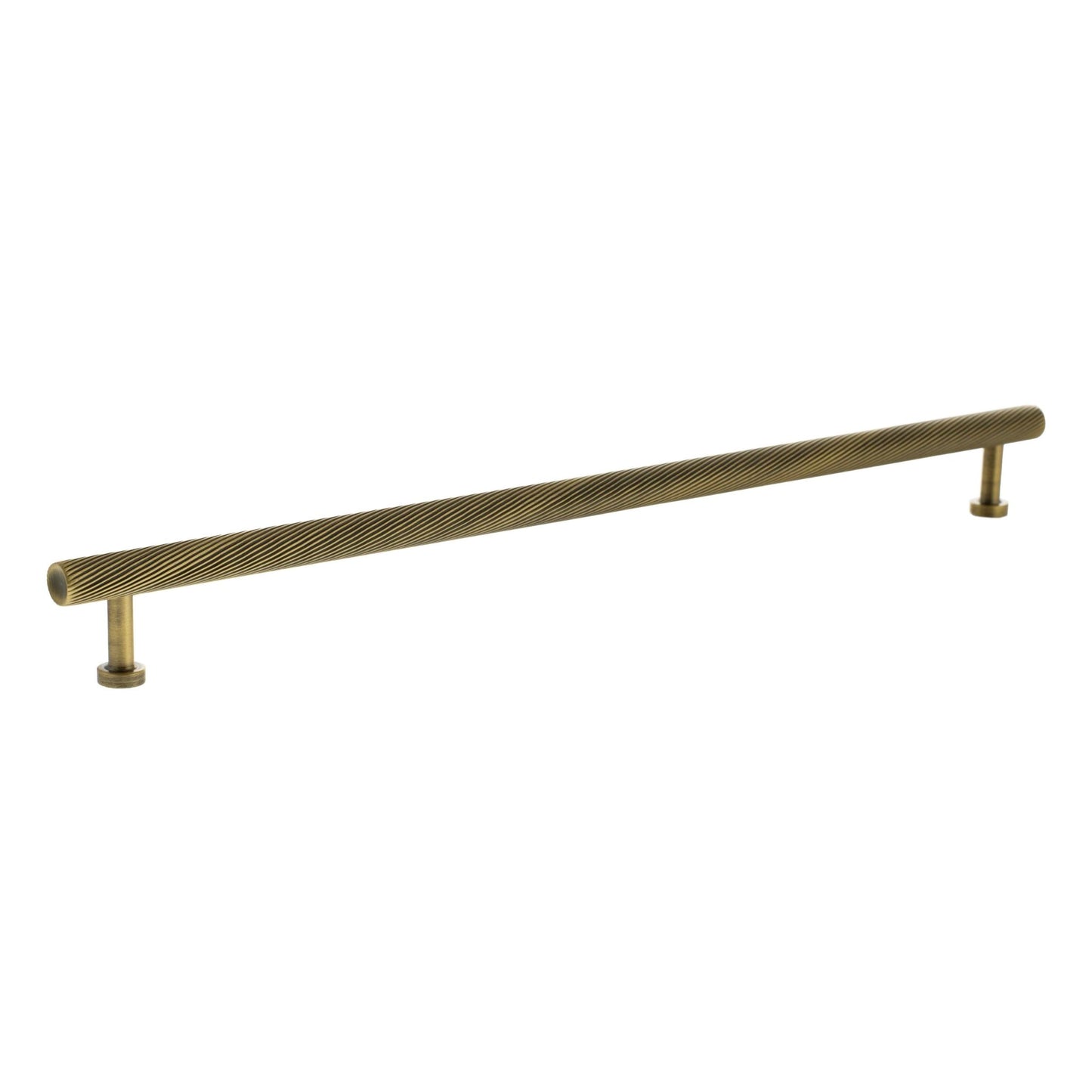 Atlantic Millhouse Brass Paddington Spiral T-Bar Cabinet Pull Handle, 320mm in brass with a textured spiral design, featuring two cylindrical ends for secure attachment to cabinets.