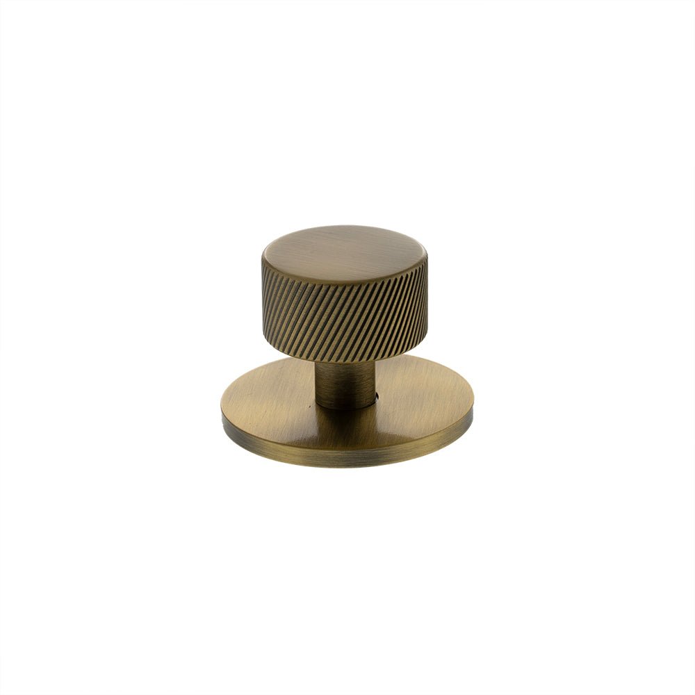 Atlantic Millhouse Brass Paddington Spiral Round Cabinet Knob Handle on Backplate in antique brass finish, featuring a textured spiral design on the knob and a round backplate base.