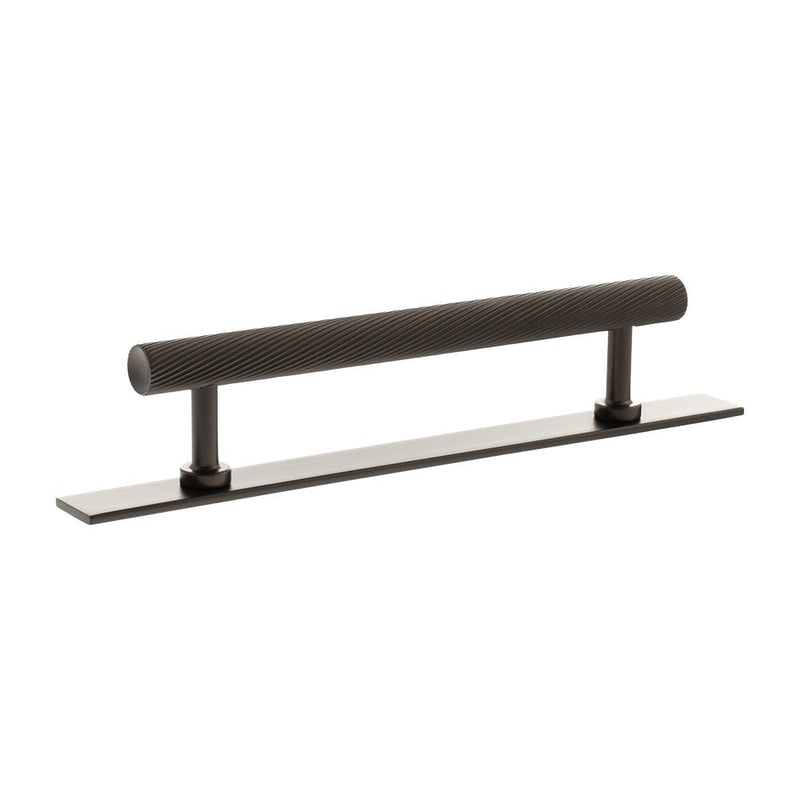 Atlantic Millhouse Brass Paddington Spiral T-Bar Cabinet Pull Handle on Backplate, measuring 128mm, featuring a sleek design with ribbed detailing and a modern finish.