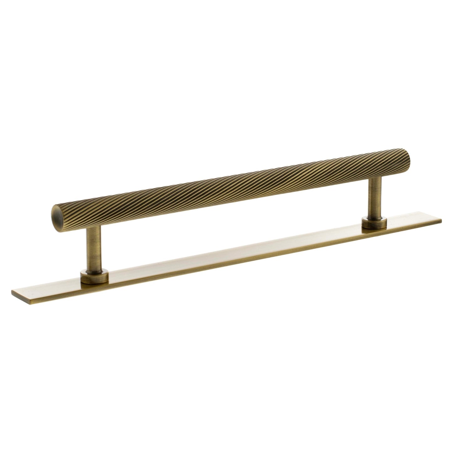 Atlantic Millhouse Brass Paddington Spiral T-Bar Cabinet Pull Handle on Backplate, measuring 160mm, features a ribbed design and a rectangular backplate, finished in a warm brass tone for an elegant look.