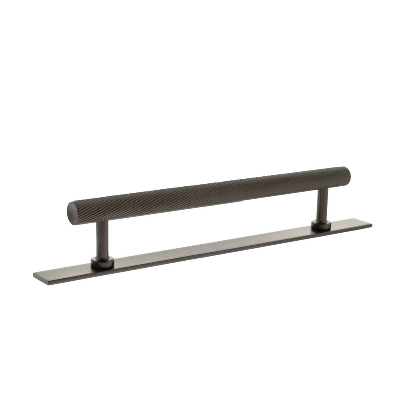 Atlantic Millhouse Brass Paddington Spiral T-Bar Cabinet Pull Handle on Backplate, 160mm in a brushed brass finish, featuring a textured spiral design on the T-bar and a rectangular backplate for installation.