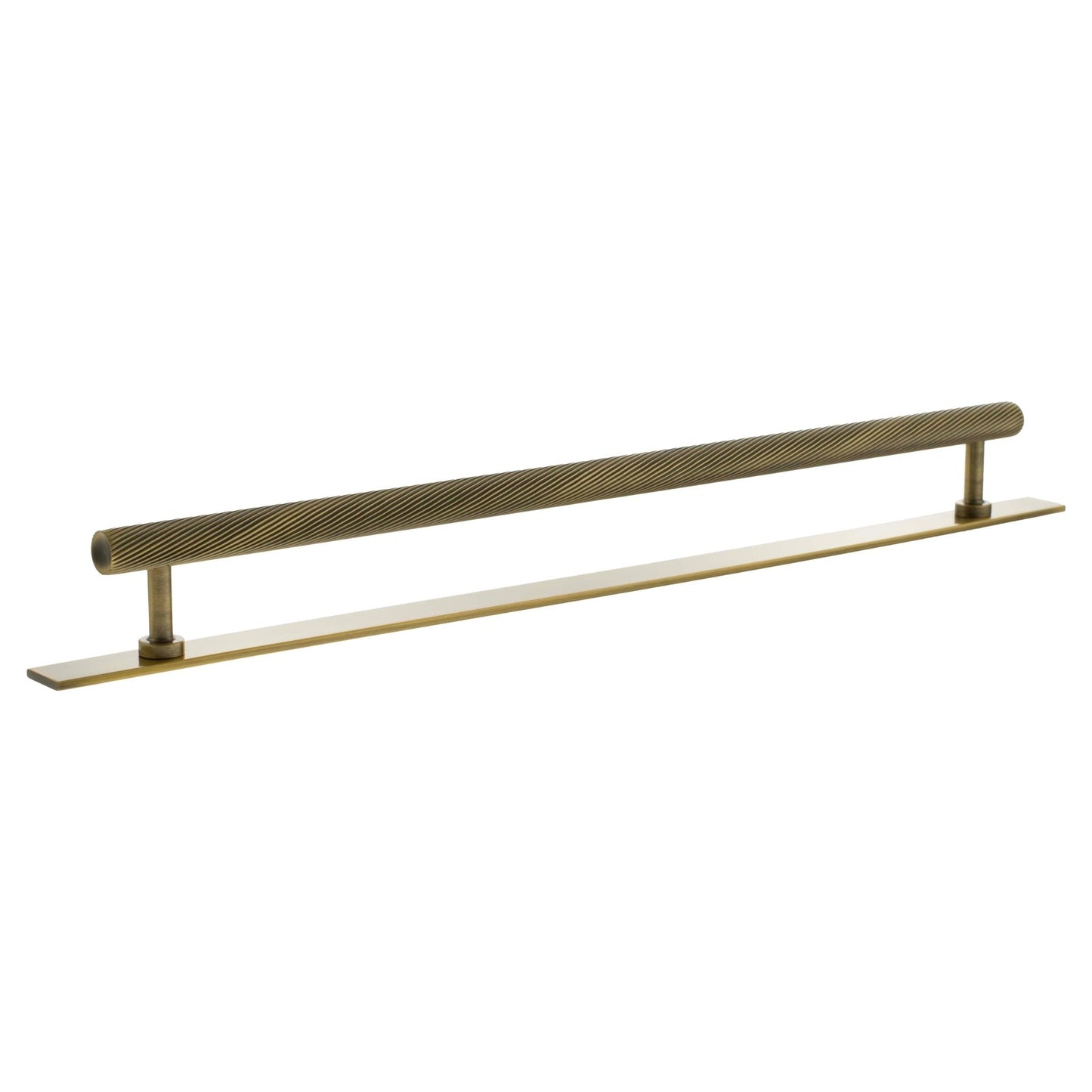 Atlantic Millhouse Brass Paddington Spiral T-Bar Cabinet Pull Handle on Backplate, measuring 320mm, featuring a textured design on the pull and a flat backplate, both in a brass finish.