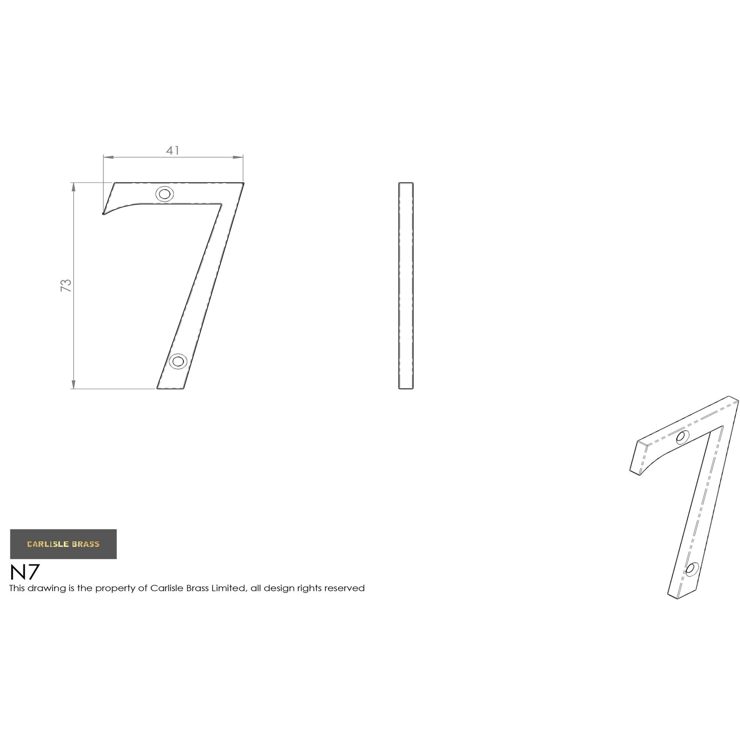 Carlisle Brass Numeral Face Fix (No.7) 76Mm in a modern numeral design, featuring a height of 73mm and a width of 41mm, suitable for addressing or labeling purposes.
