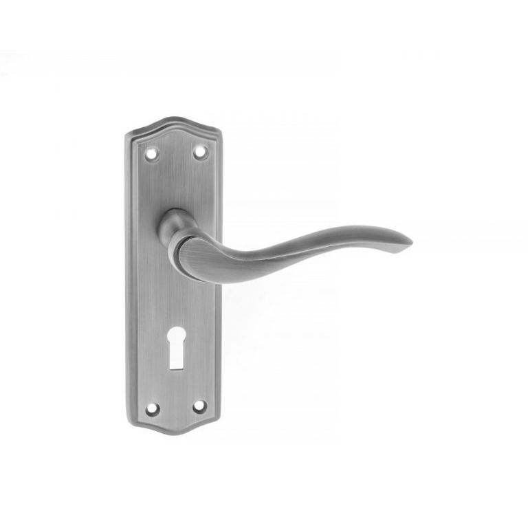 Atlantic Old English Warwick Key Lever Door Handle on Backplate in satin stainless steel finish, featuring a curved lever and a decorative backplate with a keyhole.