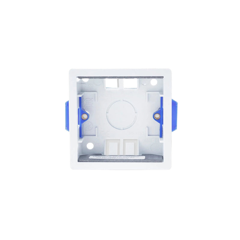 Love Handles UK Back Box in white and blue, designed for electrical installations, featuring mounting holes and an open interior for wiring access.