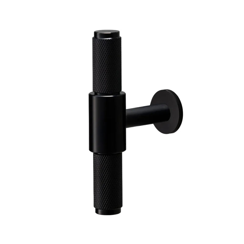 Love Handles UK Cabinet T-Bar in black, featuring a central cylindrical body and two textured grip handles for easy operation, made from durable metal.