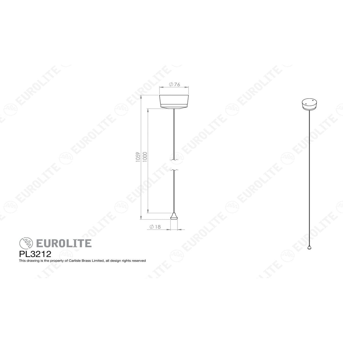 Eurolite Enhance White Plastic Pull Cord in white, featuring a simple design with a circular ceiling rose and a pull cord for operation. Dimensions include a height of 1000mm and a width of 18mm, detailed in technical drawing.